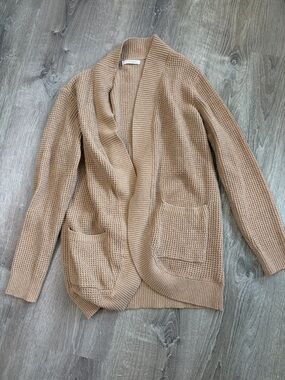 Open-Front Waffle Knit Cardigan in Camel